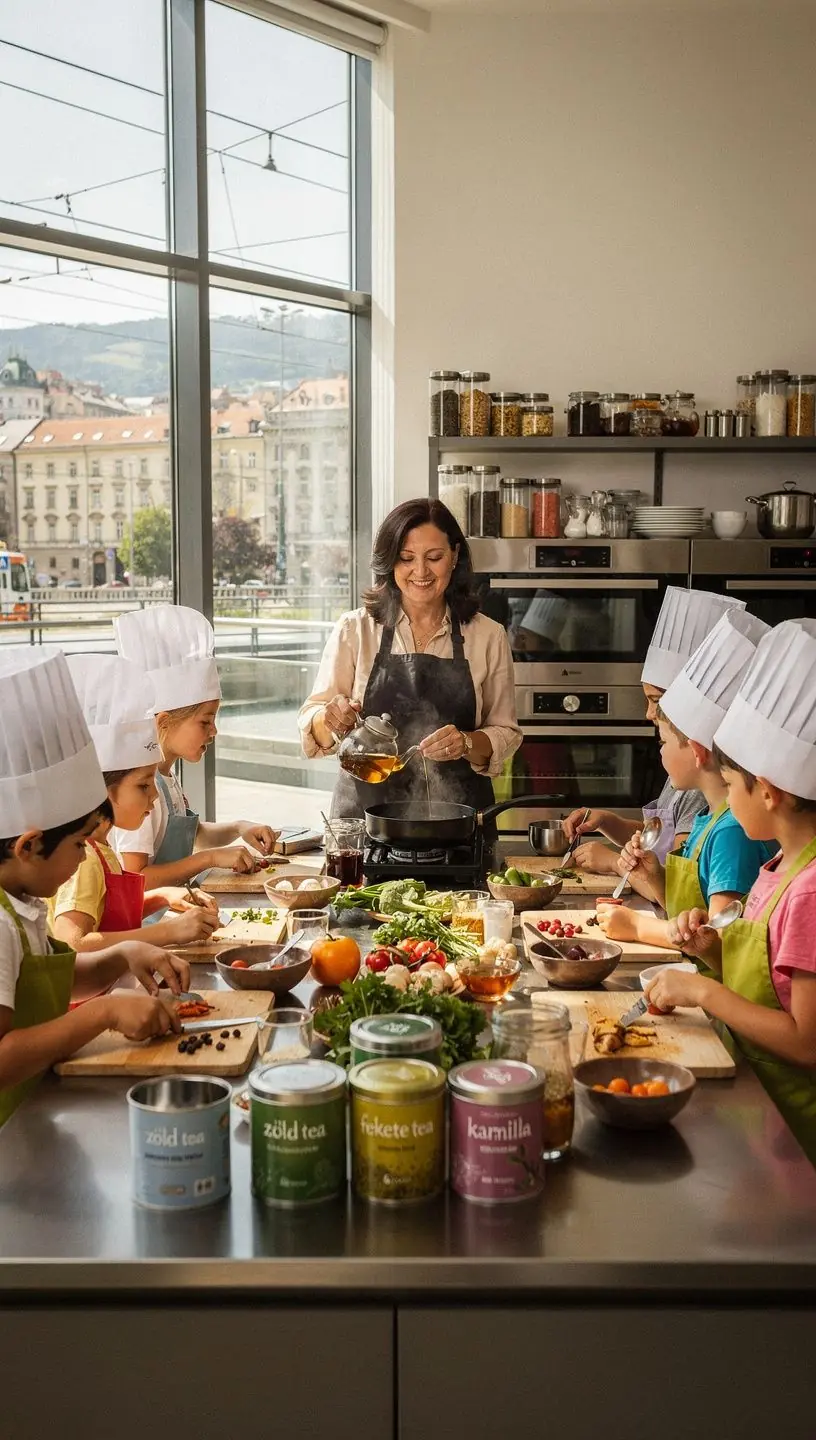Gyümölcsös tea és sütemények harmonikus együttese az asztalon.
