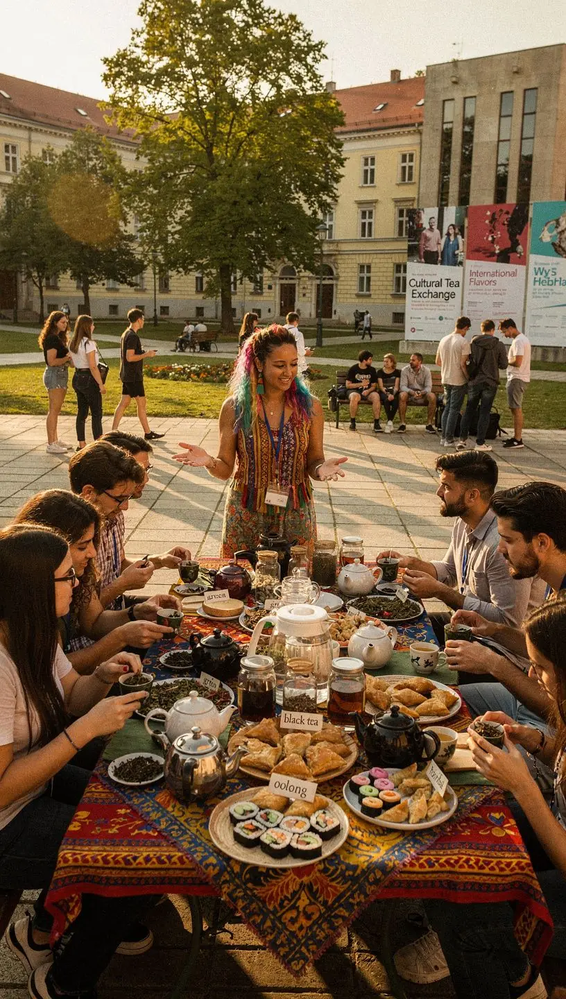 Különböző teafajták bemutatása, háttérben színes gyümölcsök.