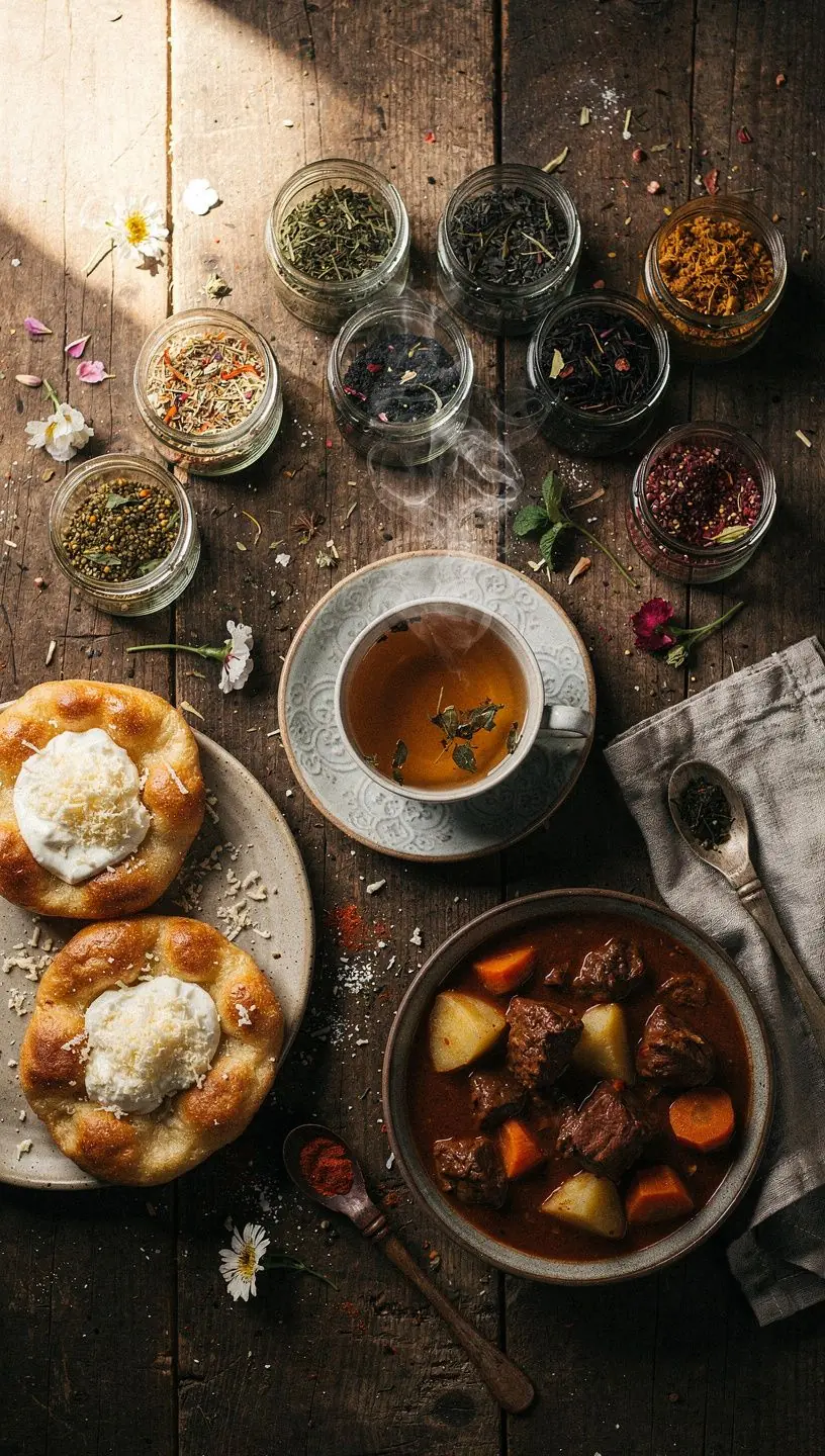 Teáscsészek és ínycsiklandó ételek, mint például sajtok és gyümölcsök, szépen elrendezve.